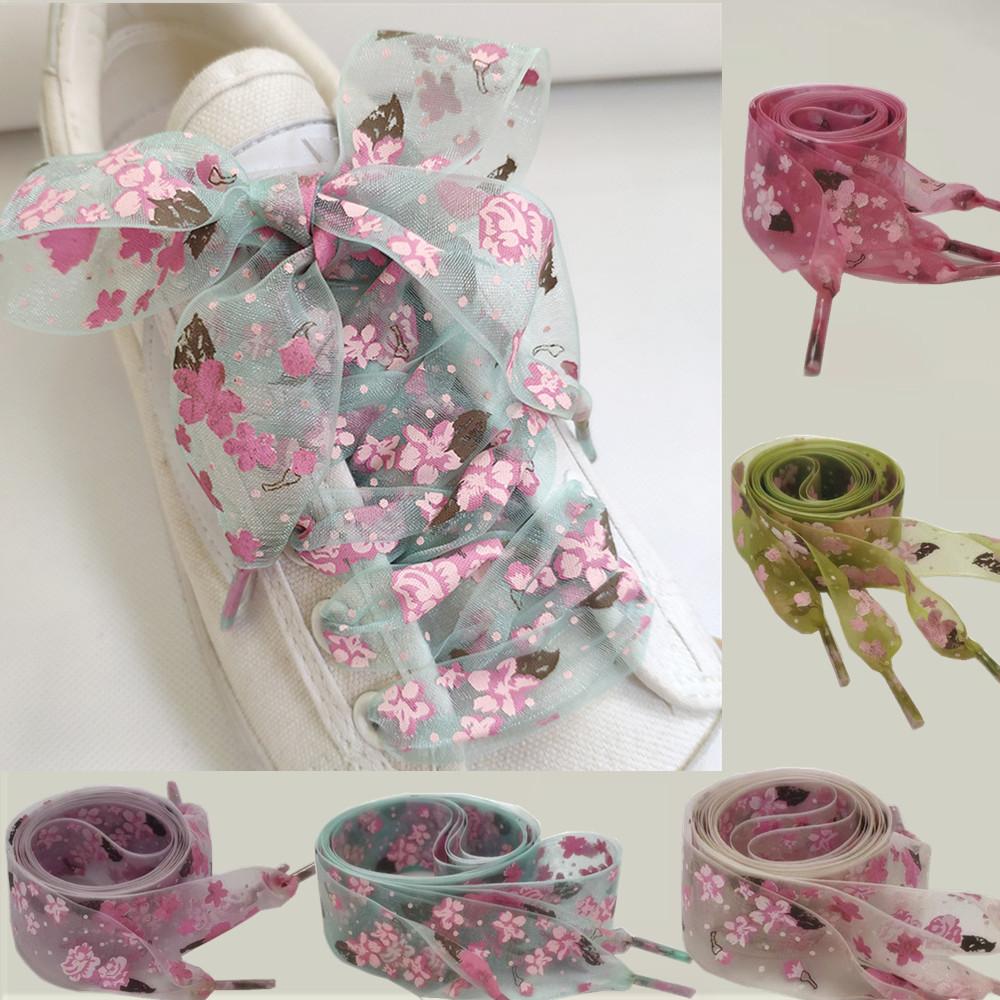 Fashion Shoes Cswo01 Men's Light Purple Beautiful Printing Flower Chiffon Shoelace Wo Bow Organza Shoelaces Trend Personality Sport Casual Shoes Laces 120Cm