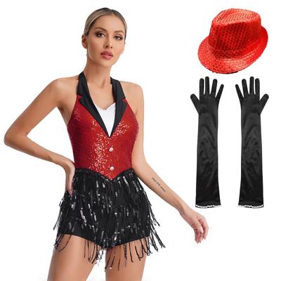 Tenue de spectacle de danse latine jazz pour femmes, dos nu, paillettes scintillantes, combinaison à franges, justaucorps sans manches à pompons, vêtements de danse avec gants et chapeau