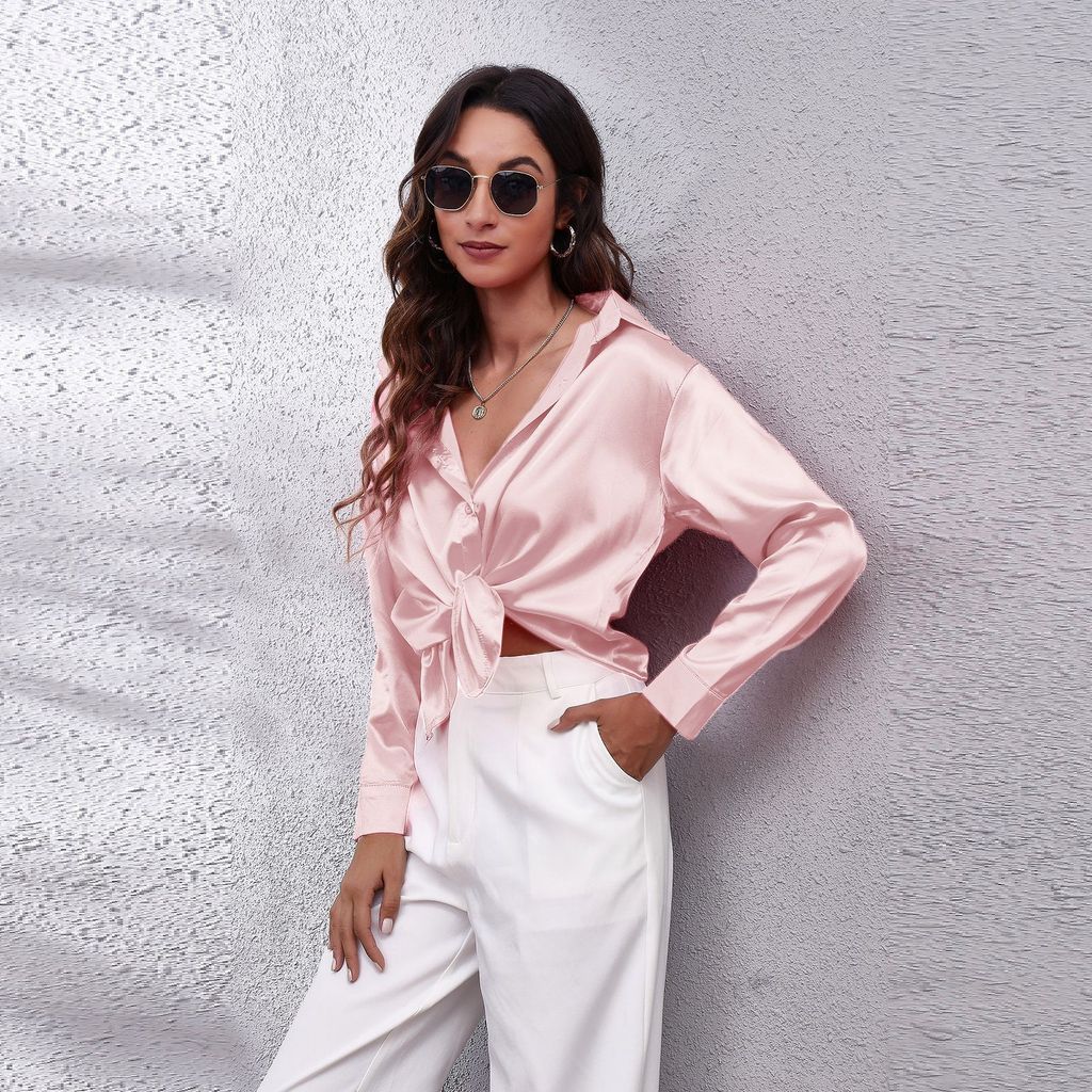 Satijnen Blouse Voor Dames Met Lange Mouwen En Knoopsluiting Voor Kantoor