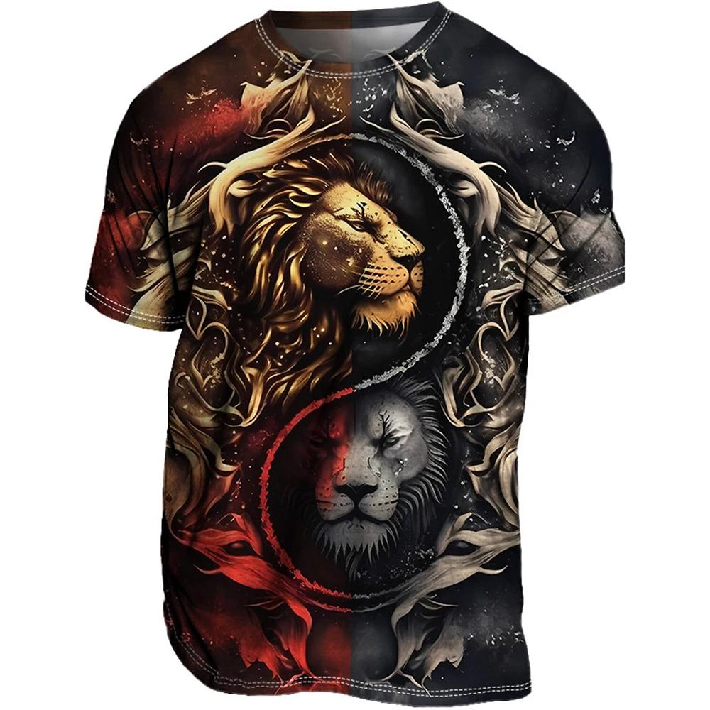Summer 3D Printed Short Sleeved Street Style Plus Size Top, Fashionable Casual Wear, Men's Lion Sportswear