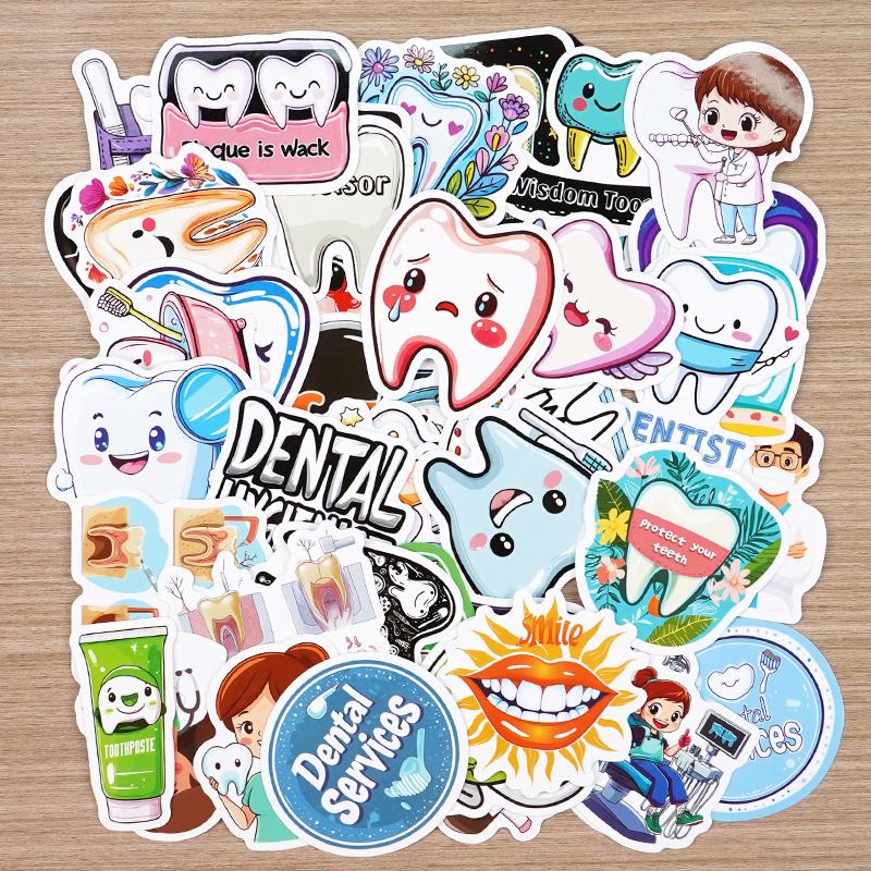 50Pcs Dental Cute Tooth Shaped Stickers Dentist Store Toothbrush Cartoon Decal Diy Wallstickers Decoration Teeth Sticker