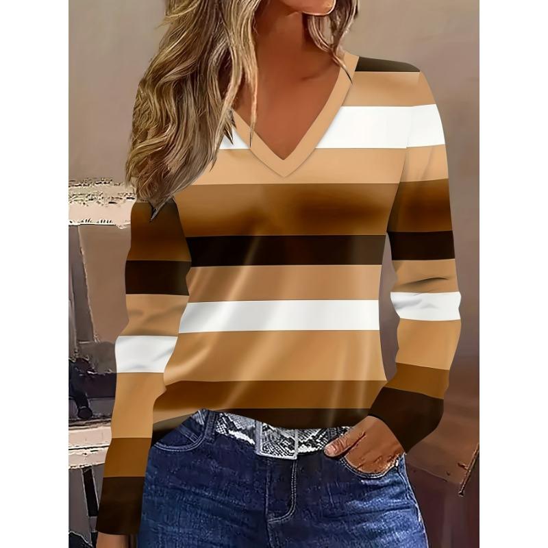 Modă Femei Codificată Tricou Femei cu Gât în V și Mânecă Lungă