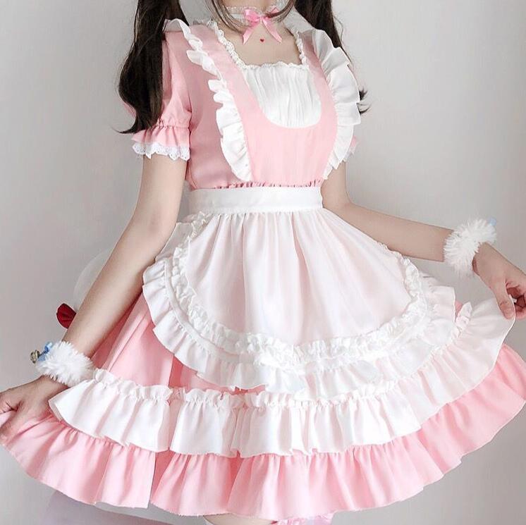 Women Pink Maid Outfit Costume Short Lolita Dress
