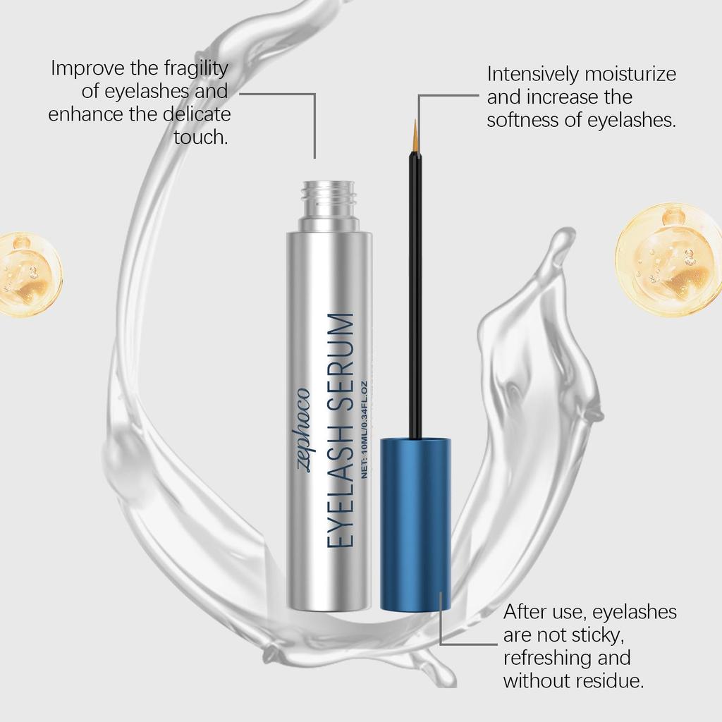 Zephoco Eyelash Serum: Lightweight, easy absorption, fine brush for full, natural lashes and shiny, everyday eye makeup.