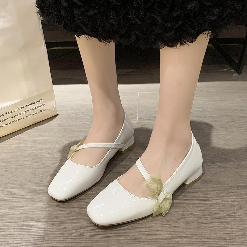 

2024 Spring and Autumn Fairy Wind Bow Mary Jane Shoes Women s French Hundred-match Square Head Thick Heel Light Mouth Fashion Single Shoes Women 35