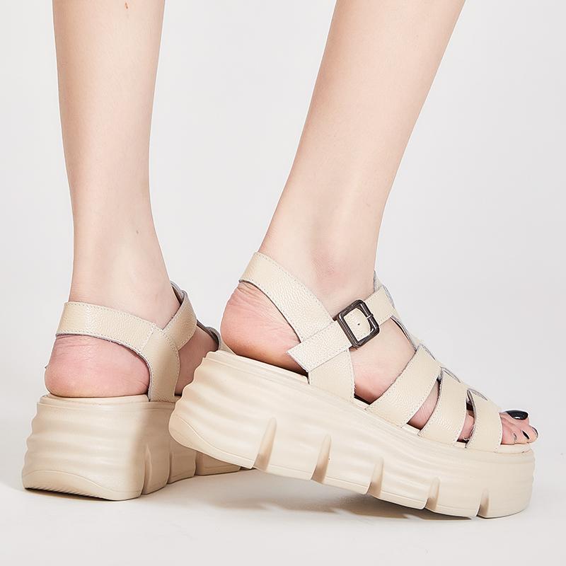 Fashion GKTINOO 6cm New Women Sandals Buckle Slides Cow Genuine Leather Summer Fashion Platform Wedge Luxury Females Comfy Ladies Shoes