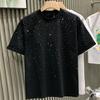 Summer Men T-shirt Rhinestone Decor Round Neck Loose Pure Color Short Sleeves Pullover Casual Mid Length Daily Wear Sport Top