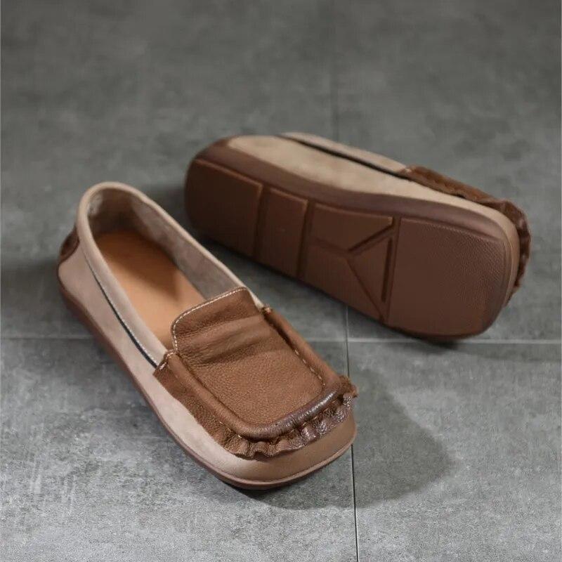 Johnature Loafer aus echtem Leder mit quadratischer Zehenpartie und weicher Sohle, flache Schuhe, Retro-Schlupfschuhe in Mischfarben für Damen