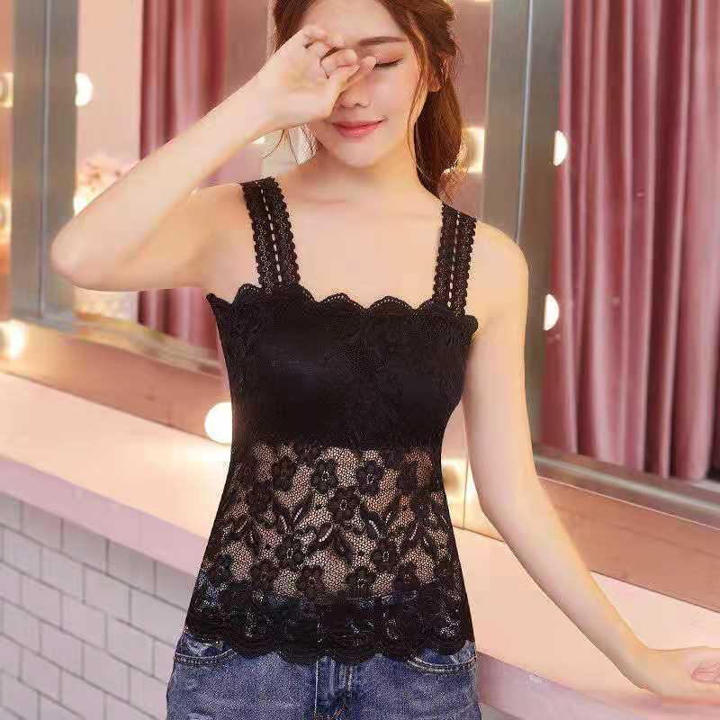 Lace Trim Underwear Camisole with Chest Pads - Women's Versatile Anti-Exposure Long Bra