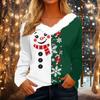 Women's Casual Long Sleeve Christmas Print V-Neck Top with Plush Collar for Holiday Wear