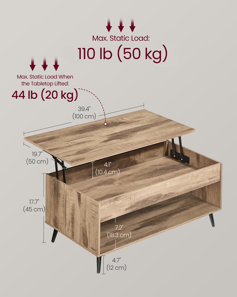 VASAGLE Lift Top Coffee Table, Lift Tabletop Dining Table, Gas Spring, Hidden Compartment, Open Storage Shelf, for Living Room, Home Office