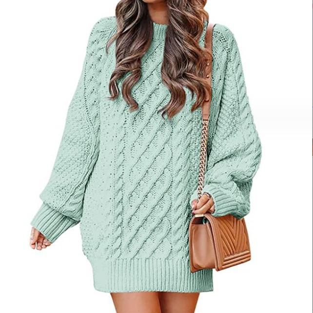 European & American Women's Oversized Cable Knit Sweater Dress - Round Neck, Long Sleeve, Mid-Length, Warm