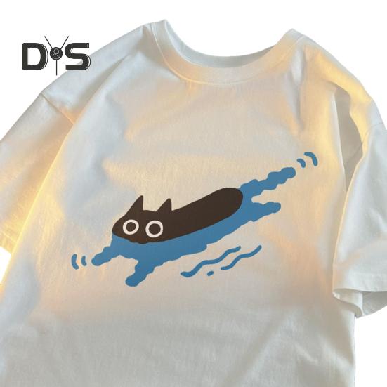 Pár Ležérní Tričko Kreslená Černá Kočka Potisk Tričko Kulatý Výstřih Volný Letní Top pro Muže Ženy Domácí Posilovna Streetové Oblečení