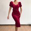 Square Neck Belt Waist Tight Party Dress Solid Color Puff Short Sleeve Holiday Dress Female Clothes
