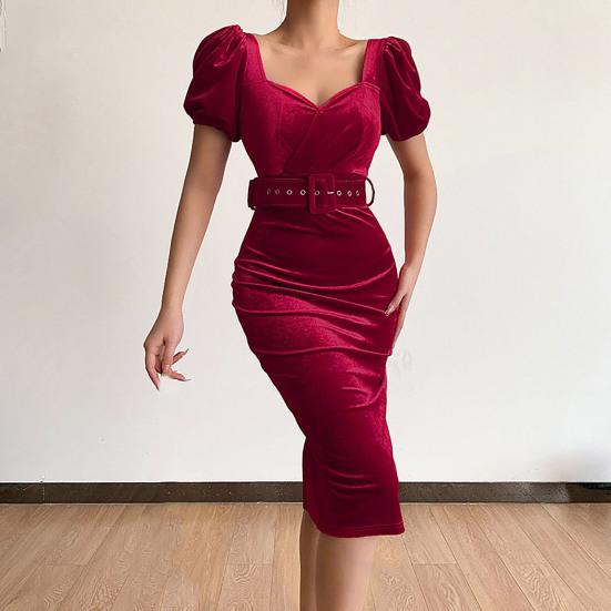 Square Neck Belt Waist Tight Party Dress Solid Color Puff Short Sleeve Holiday Dress Female Clothes
