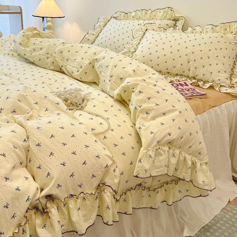 Sweet Flower Printed Bed Skirt Bedding Set Skin Friendly Cotton Nude Sleeping Comforter Set Class-A Twin Single Home Textile