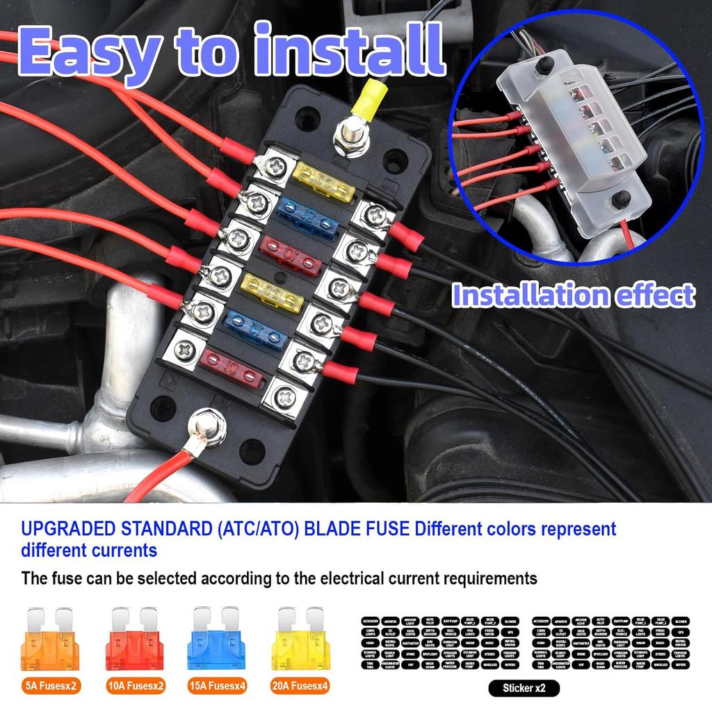 Fuse Block Blade Marine Fuse Panel Fuse Box ATC/ATO Waterproof Cover Negative Bus Included No LED Indicator for Car Boat Yacht RV Trailer Truck SUV