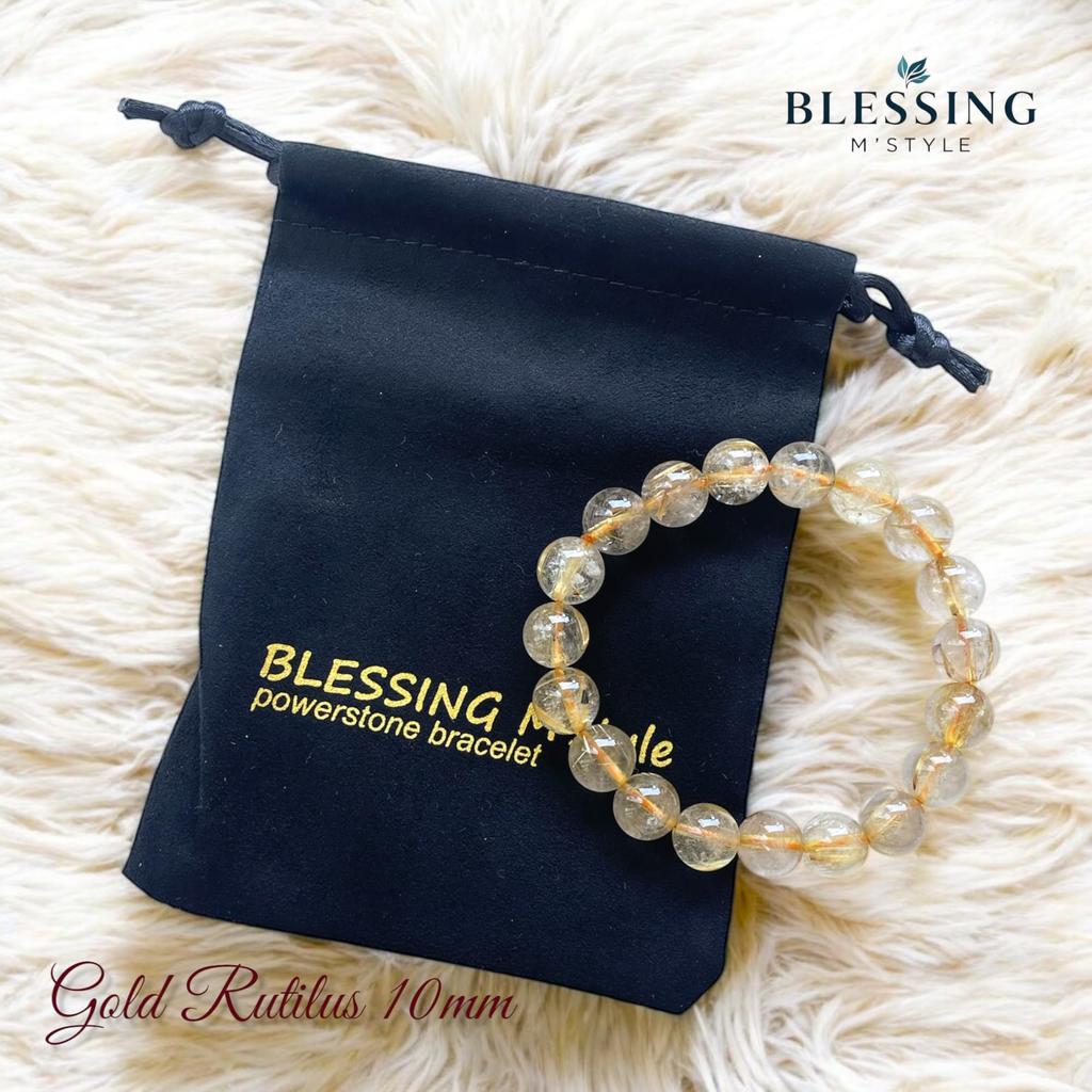 Women's Gold Power Stone Bracelet with Natural Rutilated Quartz Stone, 10mm, Good Luck and Wealth, Includes Brand Logo Drawstring Bag