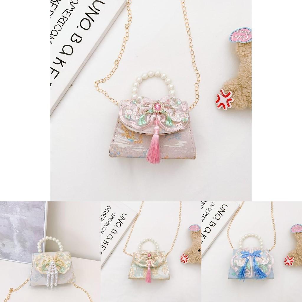Modern Colorful Kids Shoulder Bag With Trendy Pearls And Elegant Bow Details