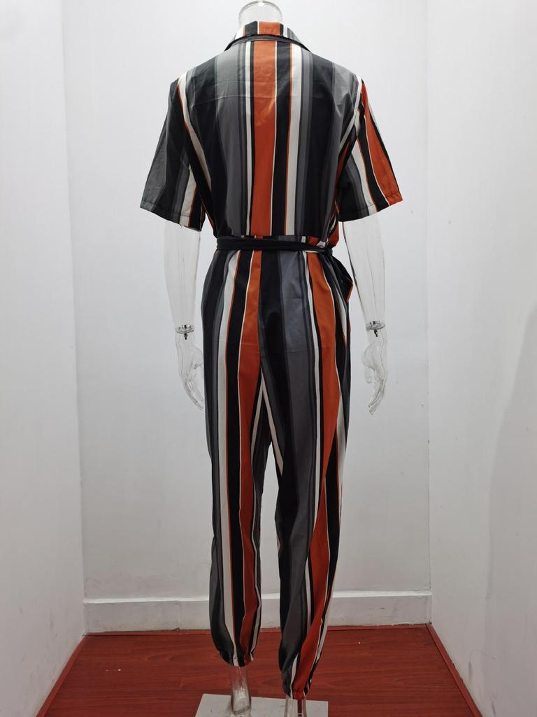 2025 Women's Casual Printed Jumpsuit with Lapel and Waist Belt
