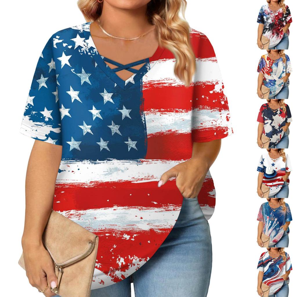 Women's Fashion Casual Vintage Independence Day Printed V-Neck Short Sleeve Large Size T-Shirt Top