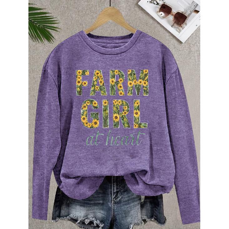 Elegant women s long-sleeve top with floral and letter print pattern, round neck, suitable for spring, summer, autumn, and winter T S
