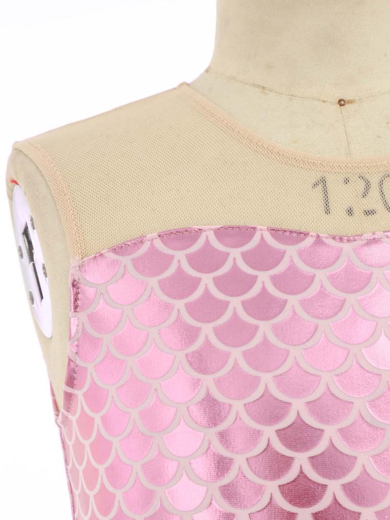 Kompletter Meerjungfrauen-Jumpsuit für Mädchen Halloween: Ärmelloses Einteiler-Kostüm mit funkelndem Schuppendesign für Bühne & Party