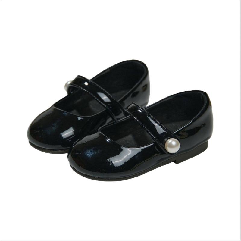 Girls Patent Leather Mary Jane Shoes with Pearl Decor 25 чёрный