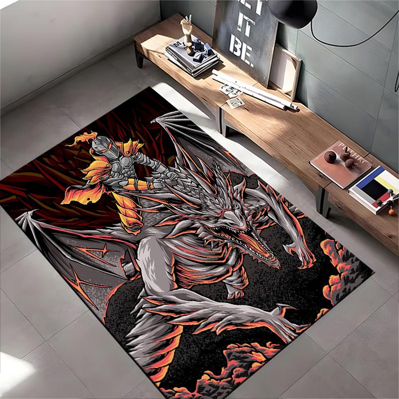 Fire Dragon and Knight Battle Design Carpet, Black and Red Theme Suitable for use as an anti-slip for living room bedroom sofas