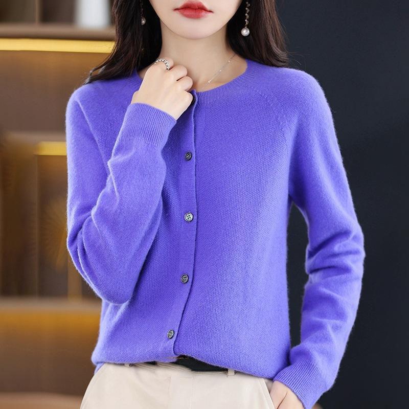 Long Sleeve Merino Woolen Sweaters Cashmere Cardigan Spring Autumn Women O-Neck Knitwear Tops Clothing Fashion Basic Tops