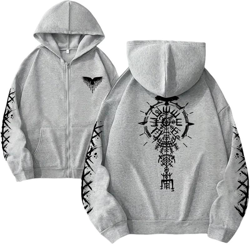 Autumn Winter Casual Fashion Warm Coat Streetwear Oversize Y2k Tops Women Zipper Hoodie Viking Raven Print Sweatshirt