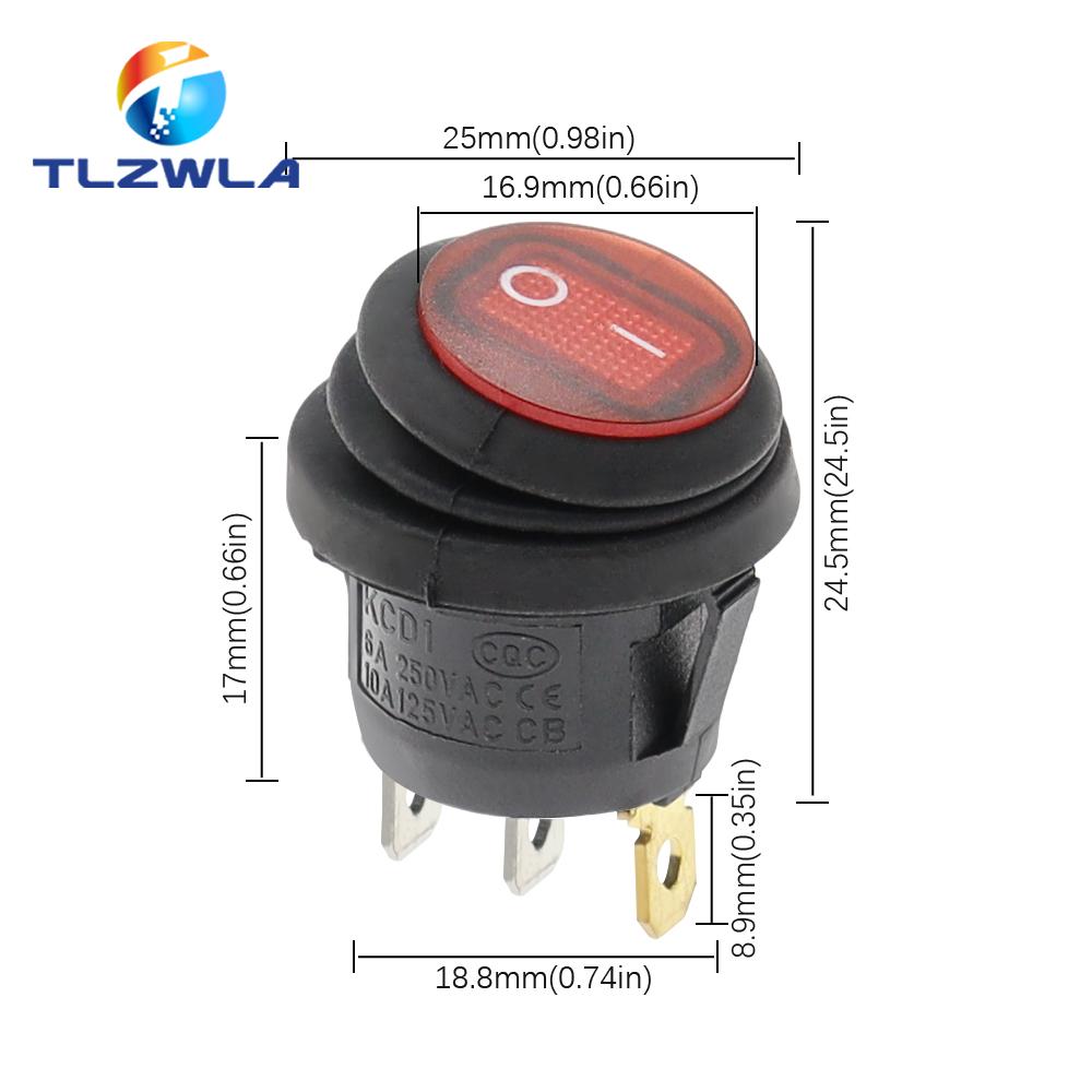 1PCS On Off Waterproof Vehicle Boat Switch Round Switch SPST 3Pin Rocker Switch 6A 10A 250V 125V AC LED