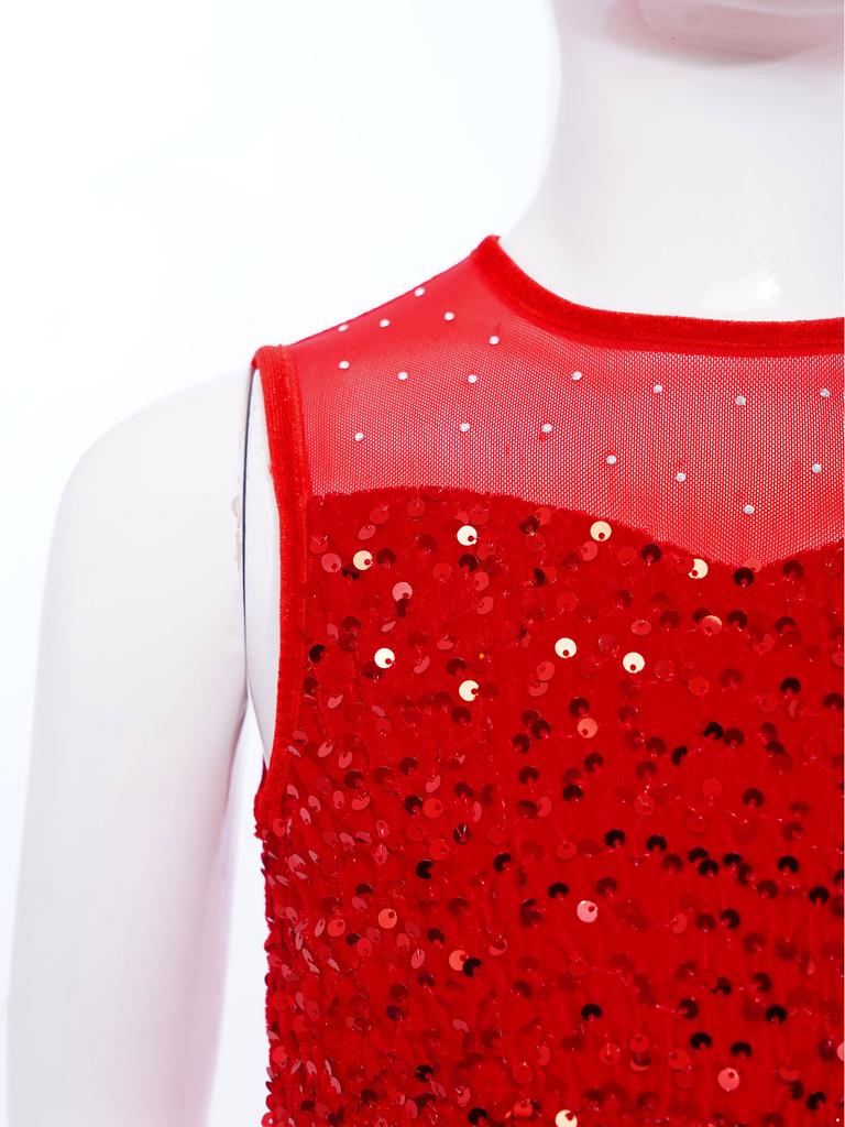 Robe de spectacle de danse pour filles Sans manches Fermeture éclair invisible au dos Patchwork en maille transparente Sequins brillants Plume Velours Robe