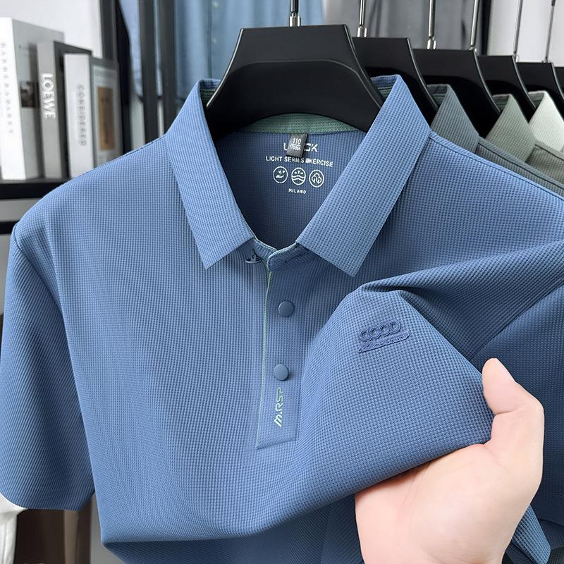 Men's 2026 Summer Ice Silk Elastic Polo Shirt: Seamless Short Sleeve Business Casual Lapel T-shirt