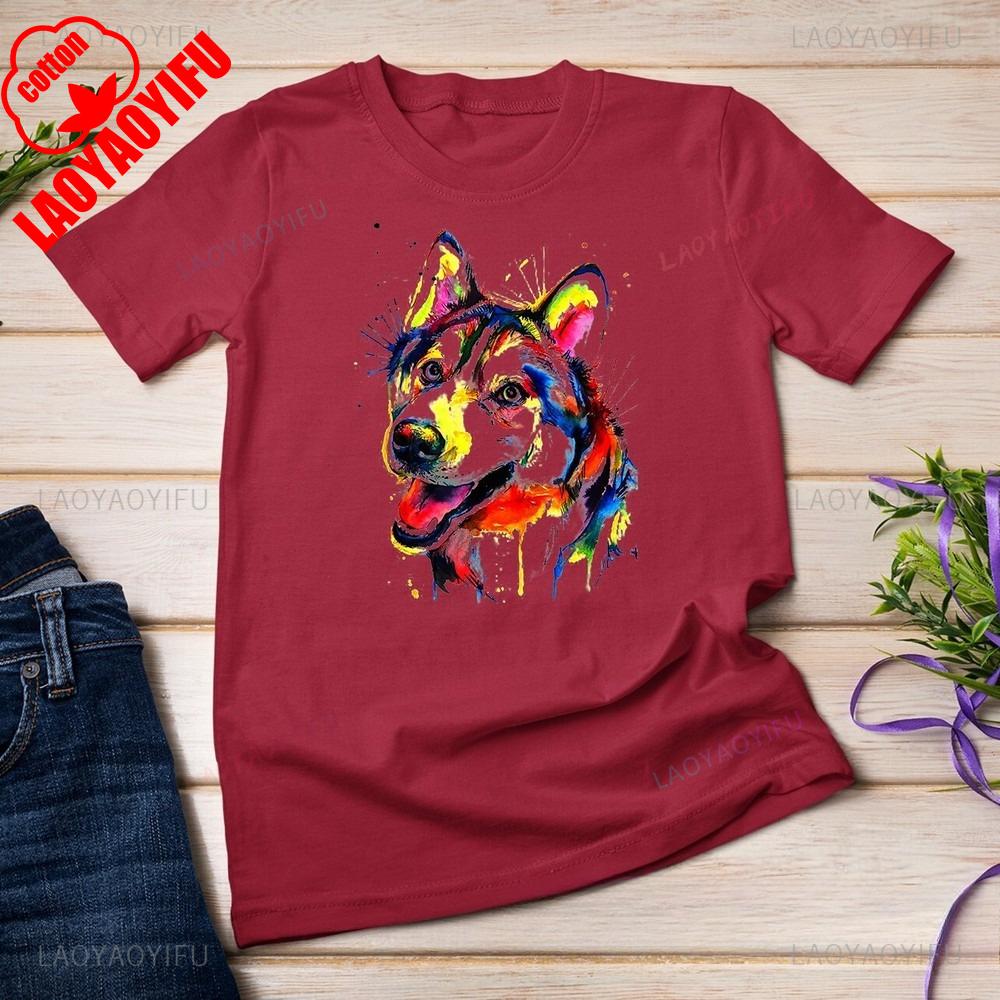 Colorful Siberian Husky Tops Tee Shirt Creative Color Husky Image Printed T Shirt Tops Unisex Unisex High Quality Cotton Summer Tee