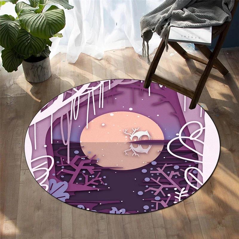 Forest Deer Round Carpet Soft Cartoon Rug Non-Slip Circle Floor Mat for Living Room Bedroom Sofa Bathroom Children's Dorm Decor