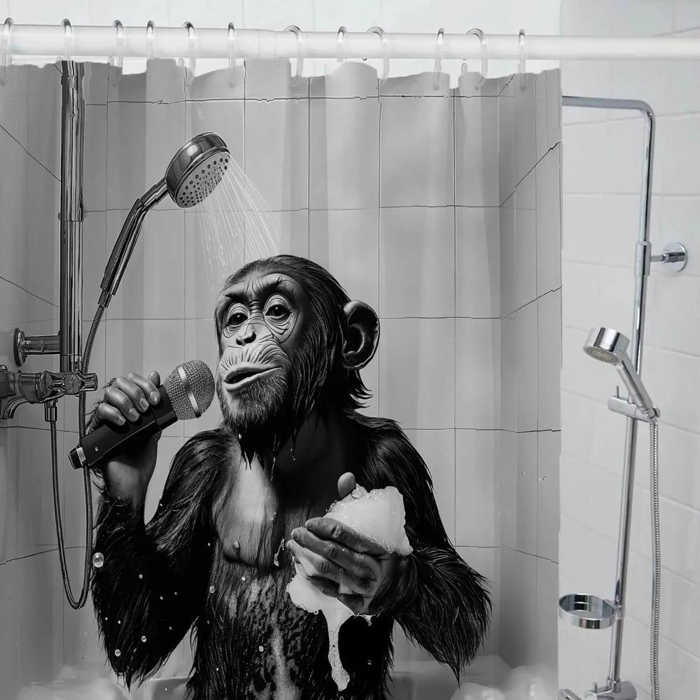 Funny Monkey Printed Shower Curtain Chimpanzee Singing In Bathtub For Bathroom Decor