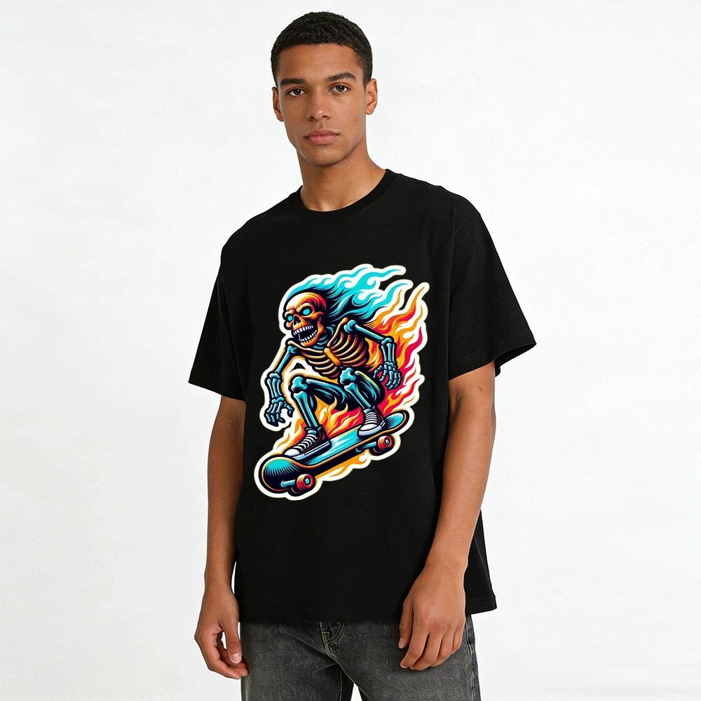 Flaming Skull Skater Graphic Cool Casual Printed Top Pure cotton T-shirt