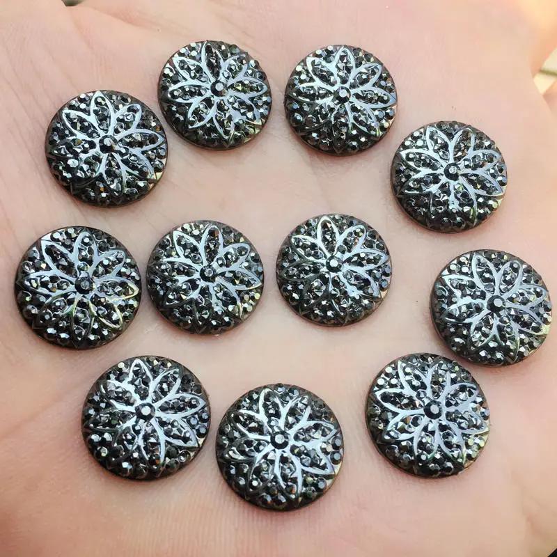 Diy 40pcs 14mm Round Flower Pattern Flat Back Party Decoration Button Lane Stone scrapbook.-A30