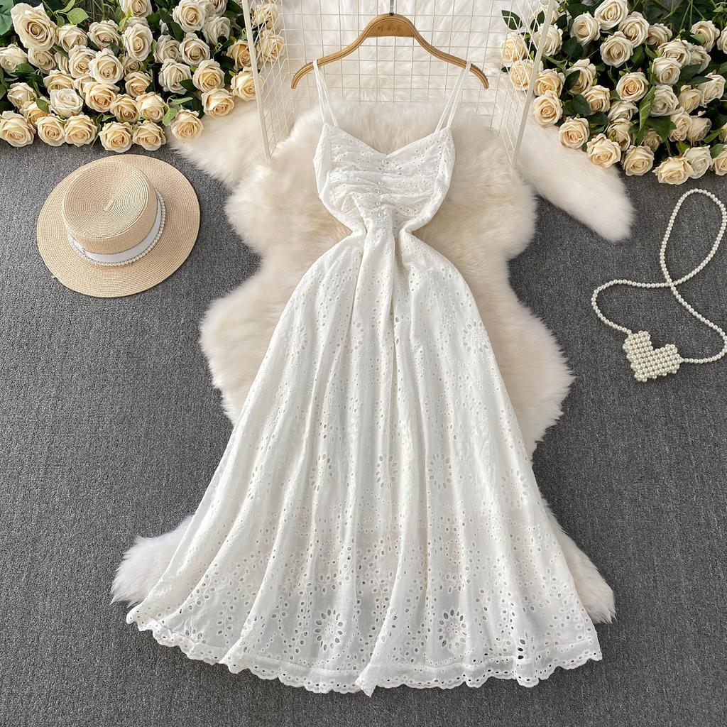 French gentle wind pink V-neck suspender dress women's summer crochet hollow embroidery thin pendulum long skirt