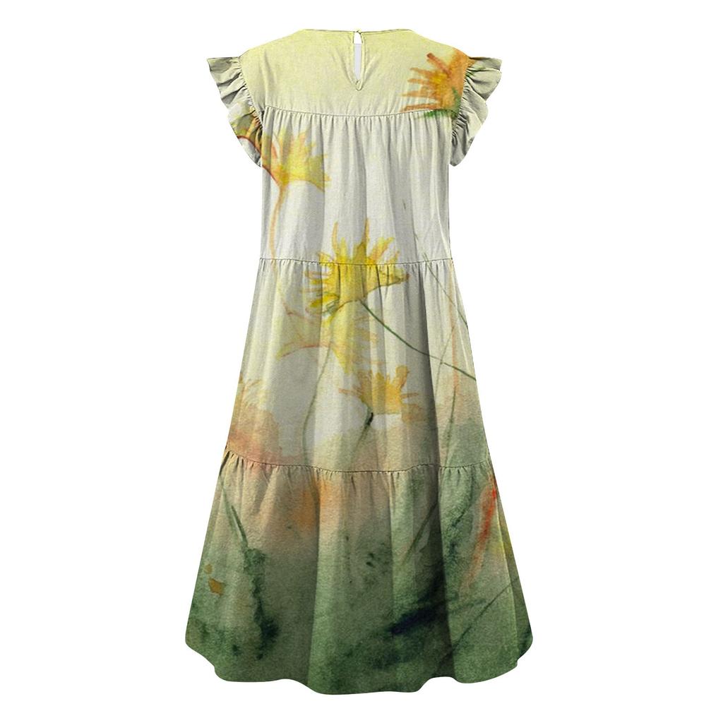 Women's Round Neck Casual Short Sleeve Ruffle-Trim Summer  Dresses