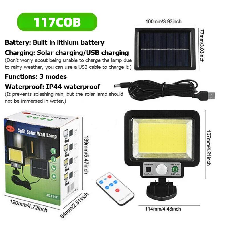 117/108/72 COB Solar Wall Lamp Motion Sensor LED Solar Lights 3 Modes with Remote Control Outdoor Waterproof Lamp for Garden Yard Decor
