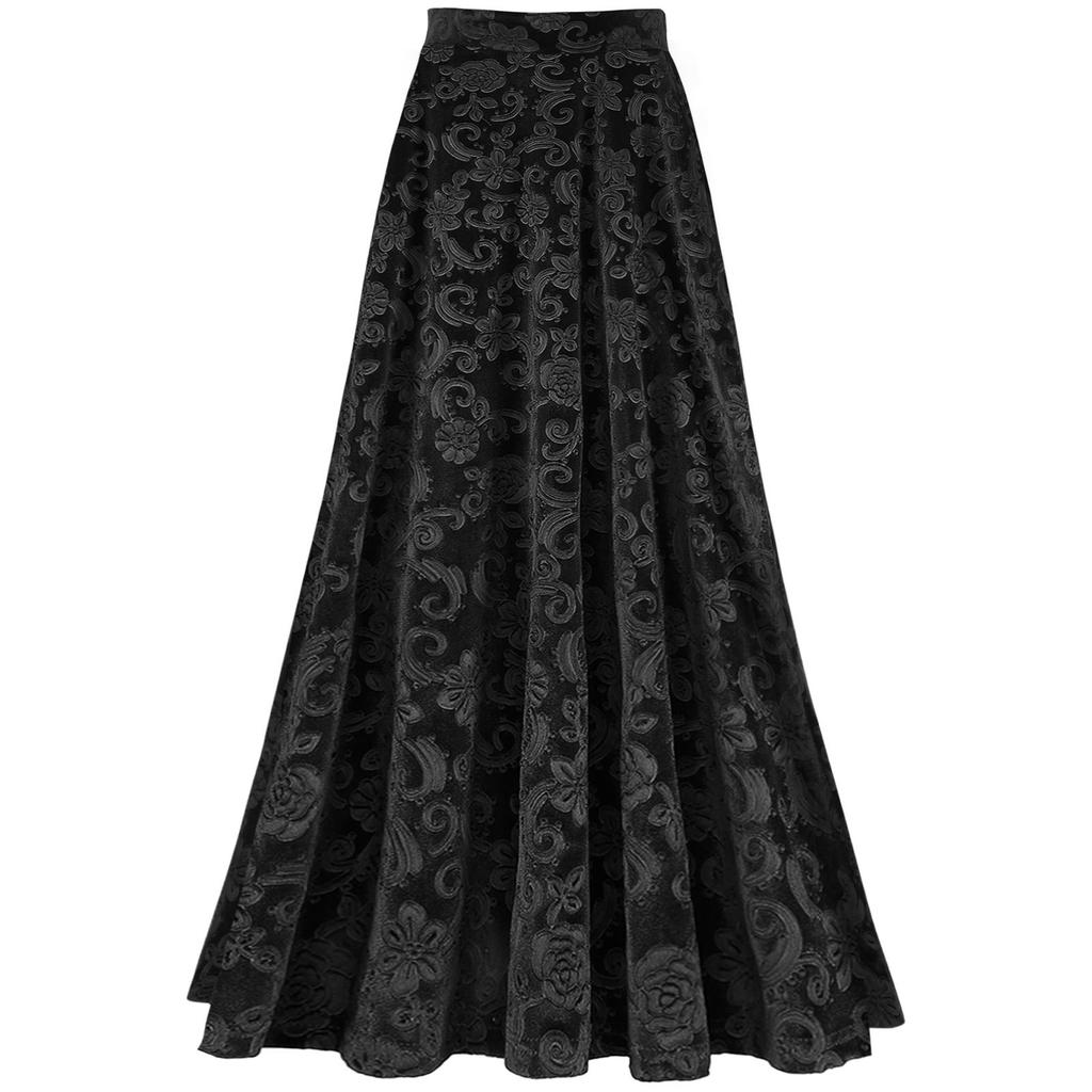 Women Retro Floral Print Skirt Elastic Waistband Solid Color Vintage Style for Wedding Party Banquet