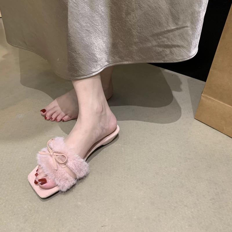Fashion Fashion Plush Sandals Autumn New Square Toe Open Toe Bow Soft Sole Non-slip Wear-resistant Flip-flops