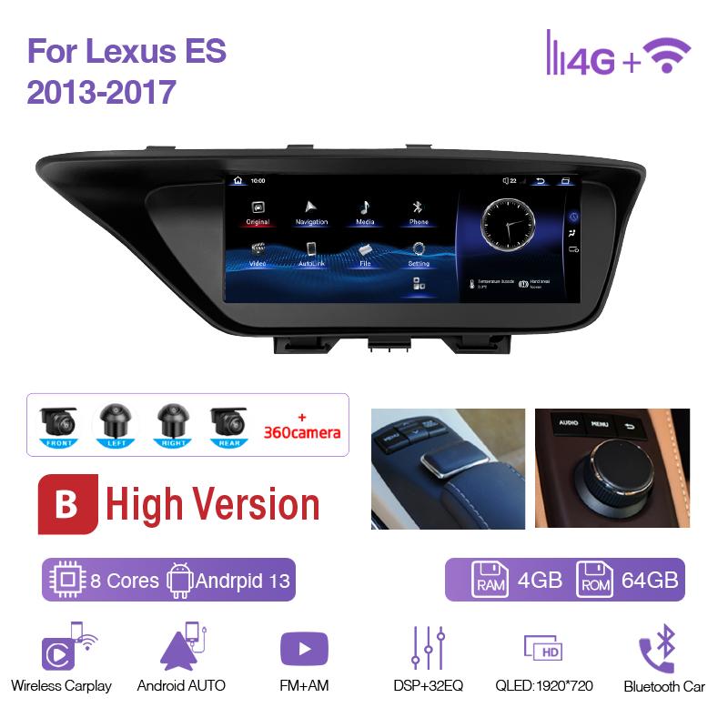 For Lexus ES 2013-2017 10.25inch GPS Navigation Radio Android12 8+256G 8Core CarPlay 4G 360Camera Car Multimedia Video Player