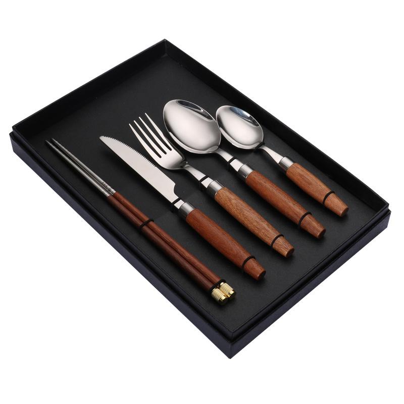 304 Edelstahl Besteck, Gabel, Löffel, Essstäbchen, Holzgriff, Westliches Essen Geschenk, Küchengeschirr komplette Sets