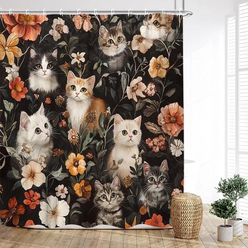 Cute Cats Shower Curtain Vintage Watercolour Floral Plant Animals Pet Kids Bath Curtains Fabric Home Bathroom Decor with Hooks
