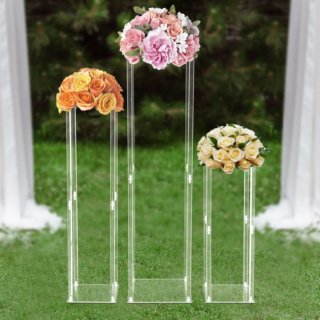 3-Piece Acrylic Wedding Flower Stand Set, Modern Rectangular Floral Display Rack, 60cm 80cm 100cm Tiered Centerpiece Holder