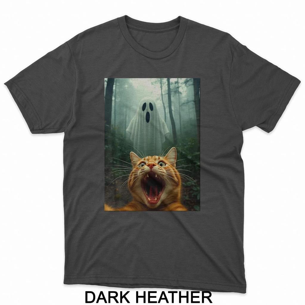 HOT SALE Cat Selfie with Ghost Halloween Kitty Spooky Ghost in Forest T-Shirt Tee Soft  Round-neck Tee Streetwear Style