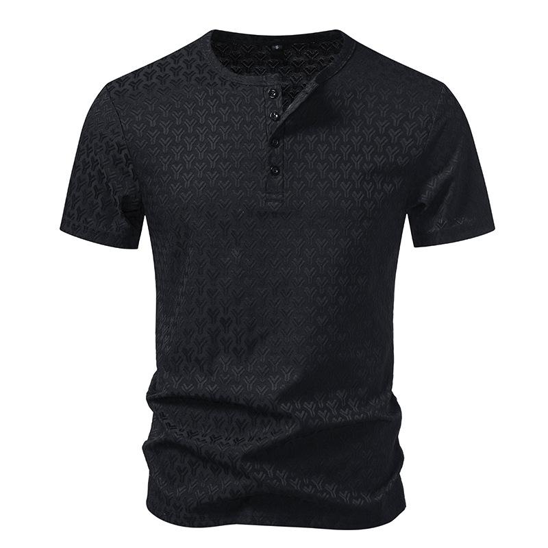 Men's Embossed Geometric Pattern Henley T-Shirt - 4-Button Placket Short Sleeve Casual Slim Fit Daily Tops In 3 Versatile Color Options